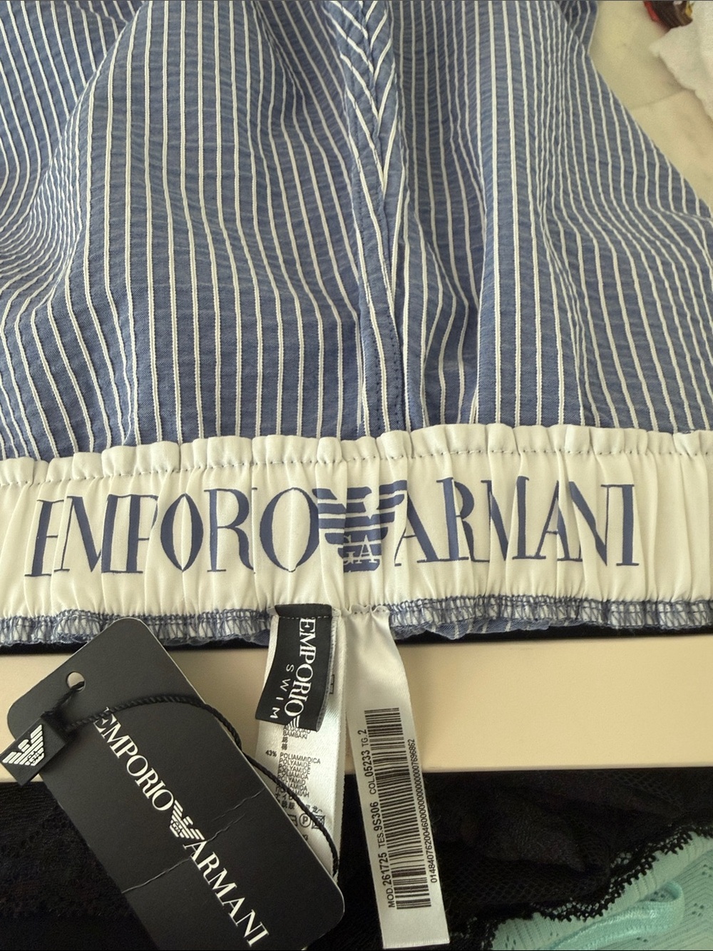 Emporio Armani Navy Blue & White Striped Swim Shorts